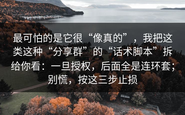 最可怕的是它很“像真的”，我把这类这种“分享群”的“话术脚本”拆给你看：一旦授权，后面全是连环套；别慌，按这三步止损